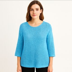 J. Jill Aqua Open Weave Cotton Blend Sweater With 3/4 Length Sleeves Sz Lg